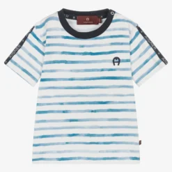 AIGNER Boys Blue Stripe Cotton Logo T-Shirt