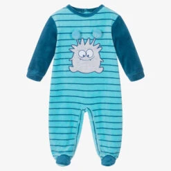 FS Baby Boys Blue Striped Velour Monster Babygrow