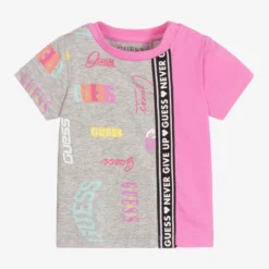 Guess Baby Girls Grey & Pink Cotton T-Shirt