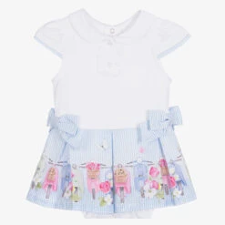 Lapin House Baby Girls White & Blue Cotton Dress