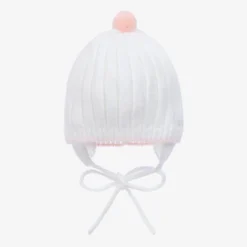 Mebi Baby Girls White & Pink Knitted Pom-Pom Hat
