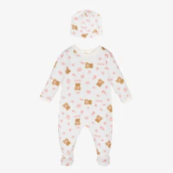 Moschino Baby Girls White Bear Babygrow & Hat Set