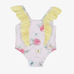 Patachou Baby Girls Pink Floral & Butterfly Print Swimsuit