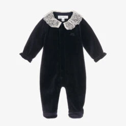 Tartine Et Chocolat Blue Velour & Lace Babygrow